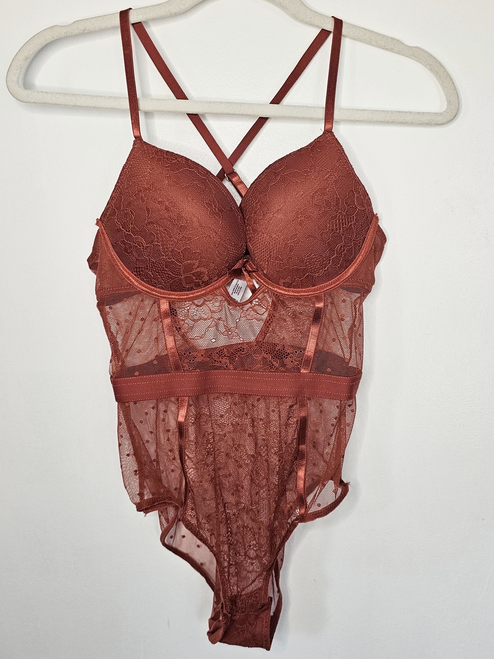 Rust Lace Bodysuit Teddy Strappy Back Lingerie Size L